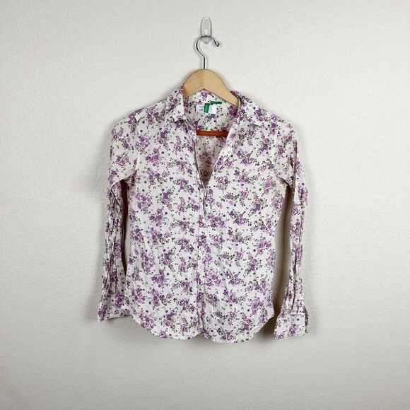 United Colors of Benetton Purple Floral Button Down Shirt Sz XS - Picture 3 of 8